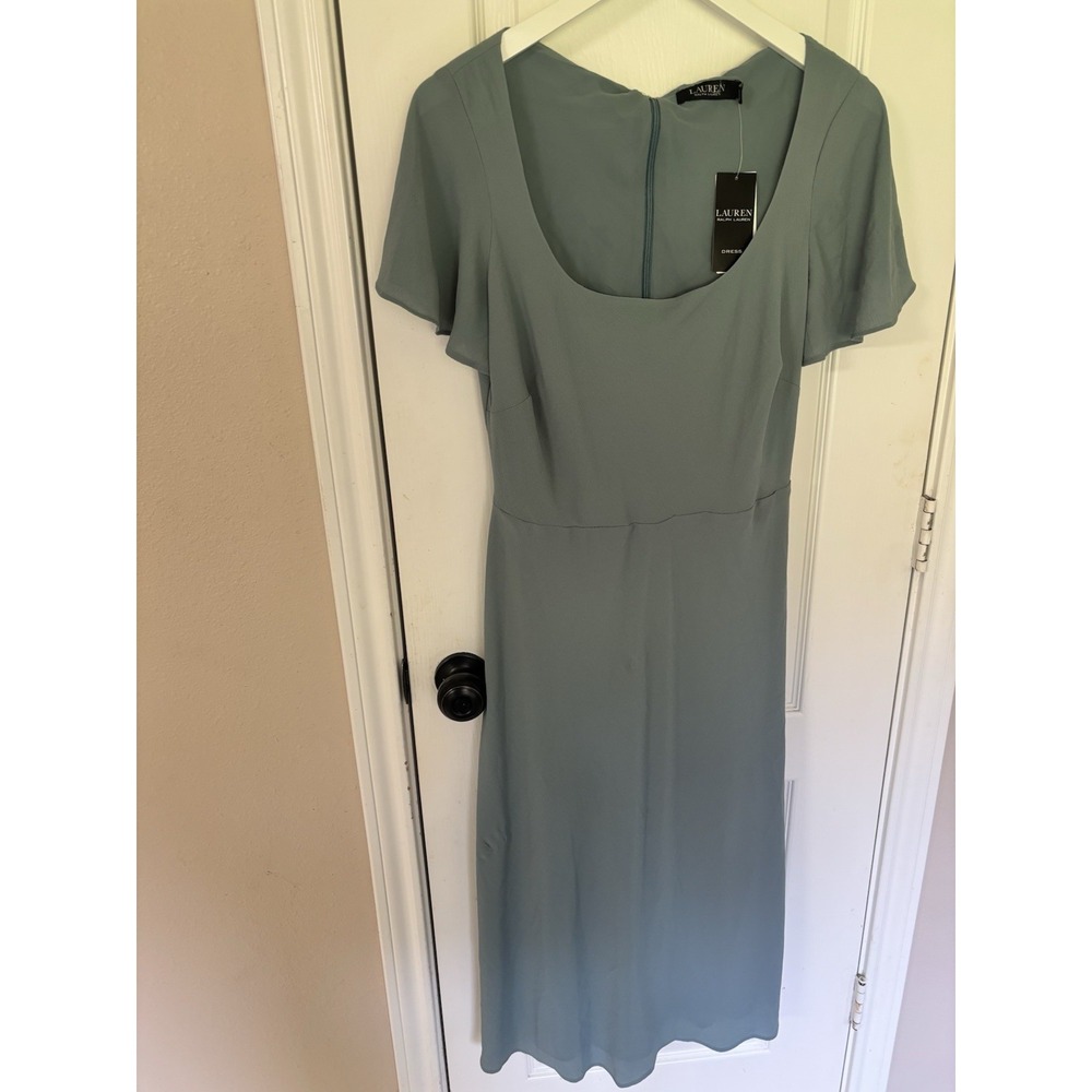 NWT Lauren Ralph Lauren Highland Sea Blue Flutter Sleeve Crepe Midi Dress 8 Flaw